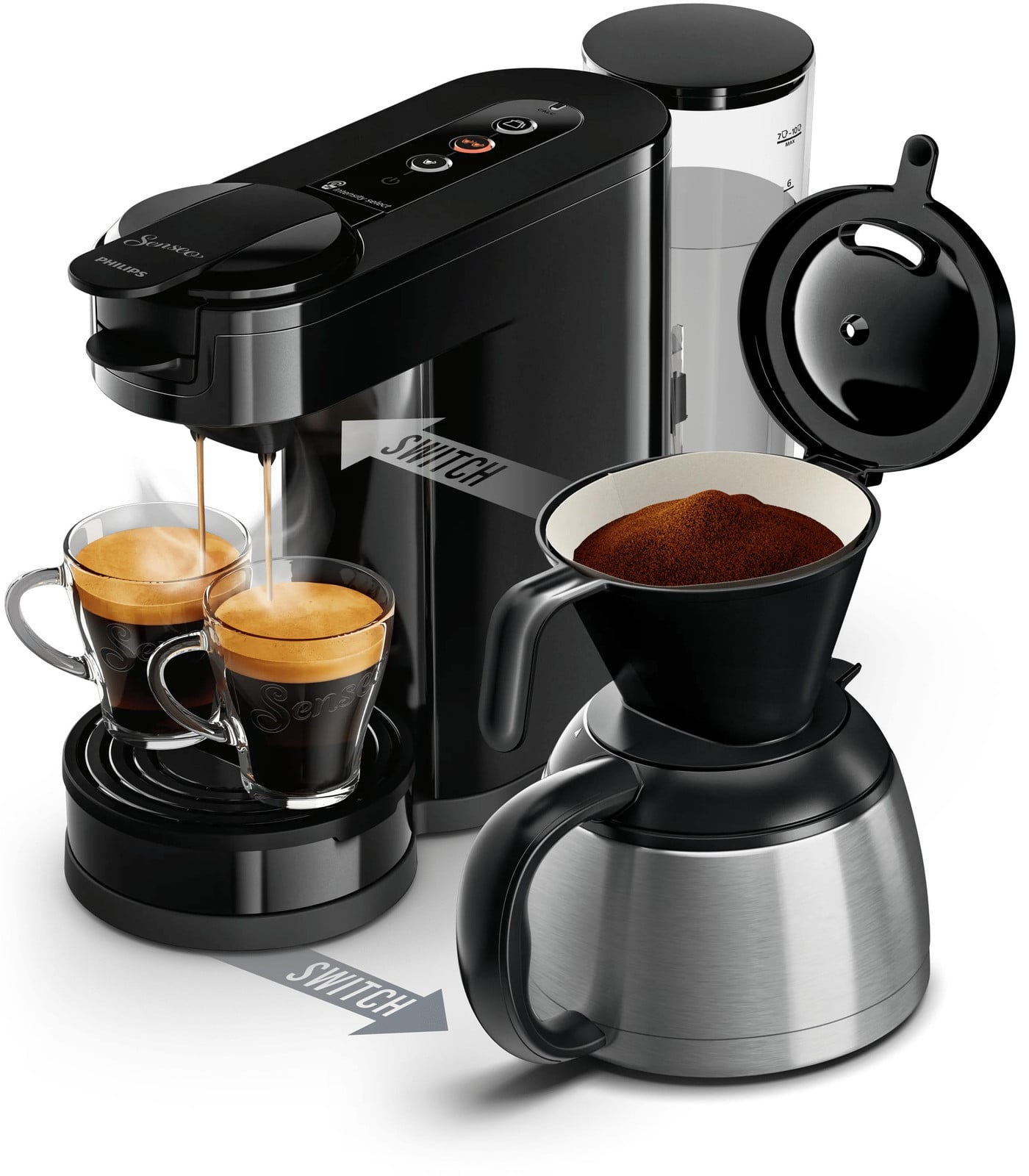Philips Senseo Switch 2-in-1 koffiemachine voor pads en filterkoffie met thermoskan en intensiteitsregelaar, zwart (HD6592/64)