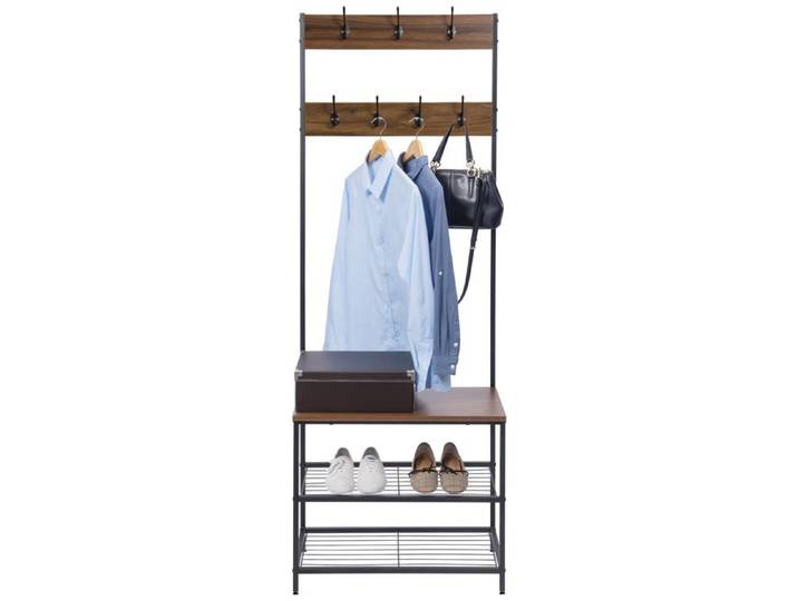 Meuble d'Entrée 3 en 1 - WOLTU Portemanteau - Banc et Étagère à Chaussures - Métal+Bois - Noir+Brun foncé