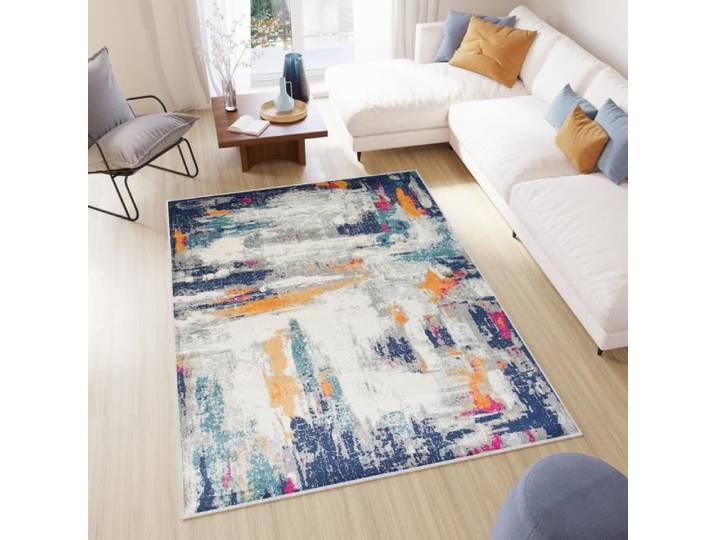 TAPISO Tapis Salon Chambre DENVER Bleu Orange Rose Turquoise Abstrait Polypropylène Intérieur 200x300 cm