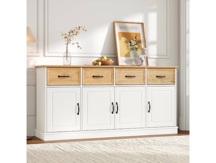 BTM Sideboard mit 4 Schubladen und 4 Türen, Anrichte, Wohnzimmerschrank, Aufbewahrungsschrank, Kommode, Flurschrank, Esszimmerschrank, MDF-Korpus, Eisen Griffe