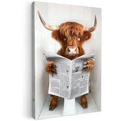 LEINWANDBILD Schottischer Highlander - Tier - Zeitung - Toilette Wanddeko 40x60 cm