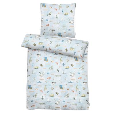 Bettwäsche APELT "Kyst", blau, B/L: 135cm x 200cm, 1 Stk., 1 Stk., Satin (Bio-Baumwolle), B/L: 80cm x 80cm, Satin (Bio-Baumwolle), Obermaterial: 100% Baumwolle, Bettwäsche, Bettwäsche, nordisches Strandmotiv
