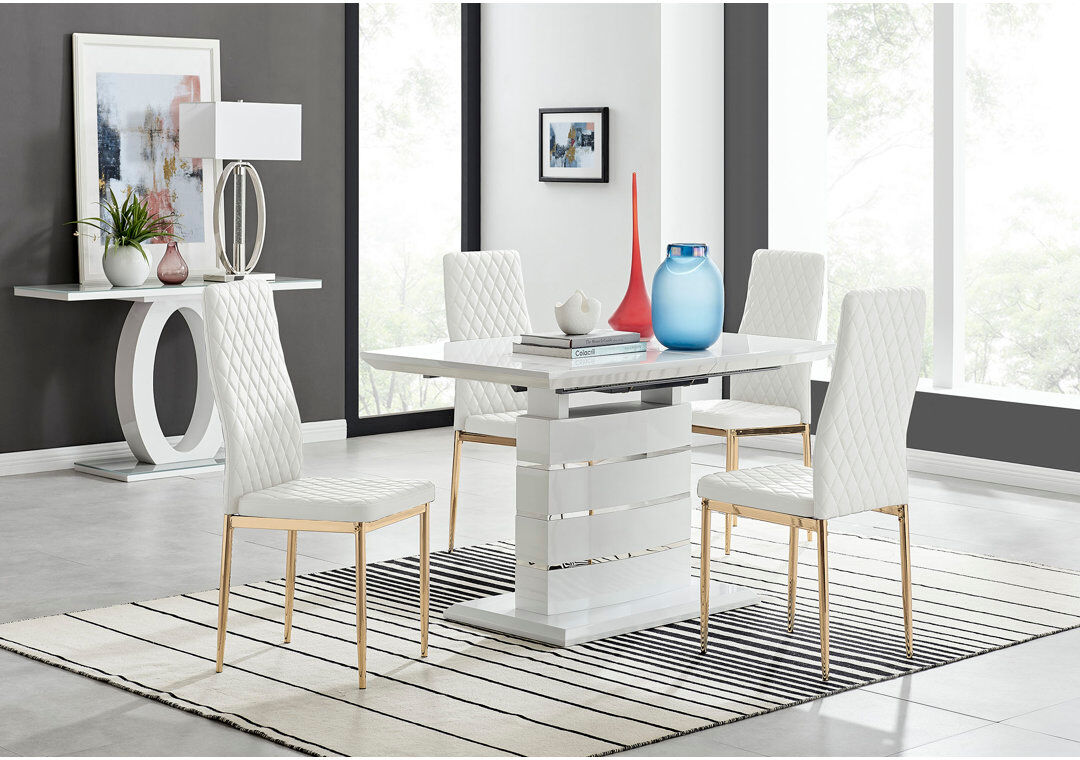 Canora Grey Renne Modern High Gloss Extendable Dining Table Set With 4 Quilted Faux Leather Dining Chairs White/Gold 4