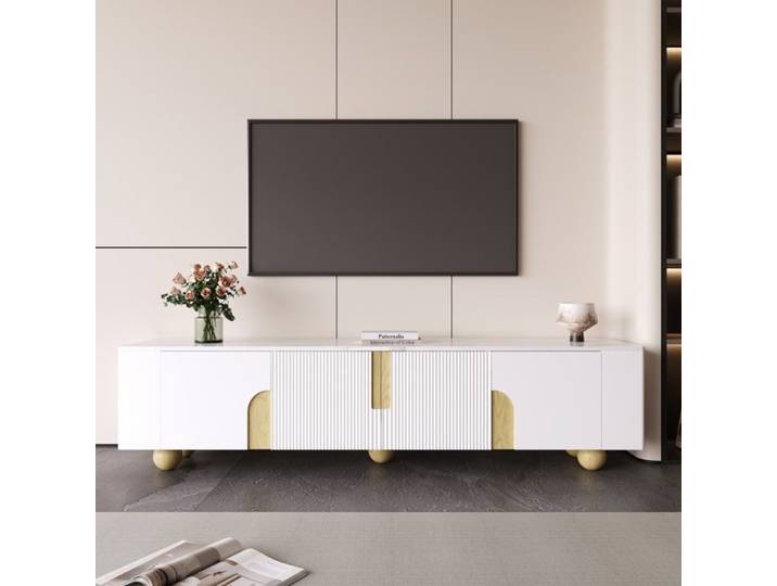 Meuble TV Bas 180x40x44cm - Design Moderne Blanc et Bois avec Plateau Effet Marbre - Blanc et Chêne