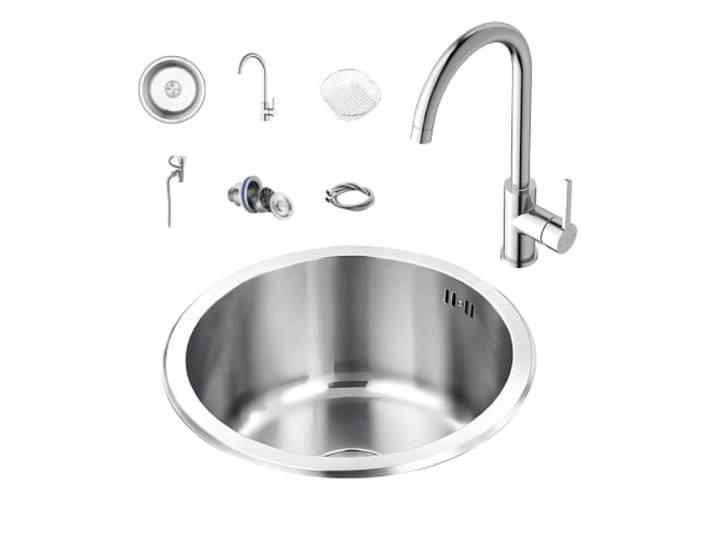 Küchenspüle, runde Einzelbeckenspüle aus Edelstahl Kleines Gemüsewaschbecken, geeignet for die Küche, das Wohnzimmer, den Balkon oder die Bartheke(42*42cm (17*17in))