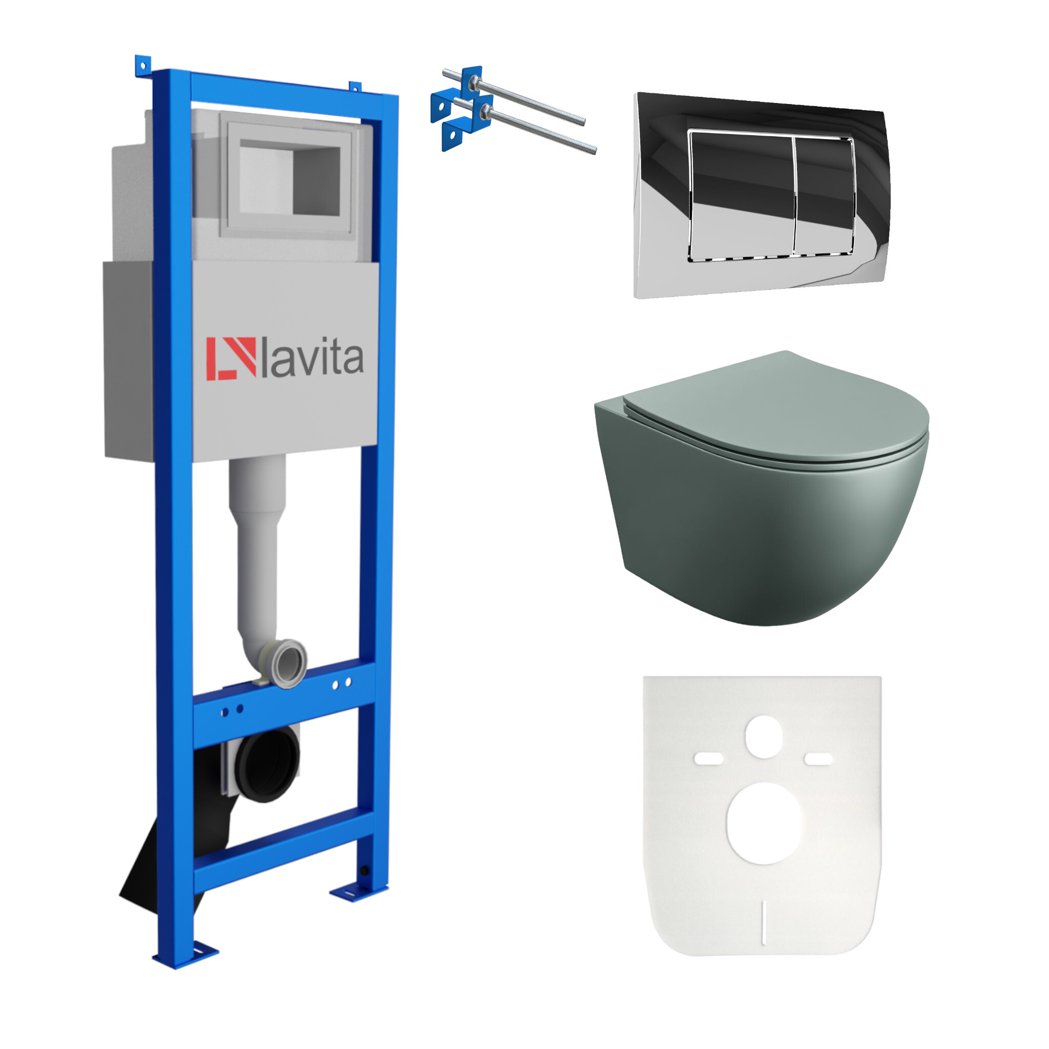 Lavita LAV 101 Vorwandelement für WC 40cm + Wand Hänge Tiefspül WC SINTO Grau Spülrandlos + Bedienplatte LAV 200.1.2 Verchromt | Komplettset | Unterputz Spülkasten | Toilette Komplett Sett