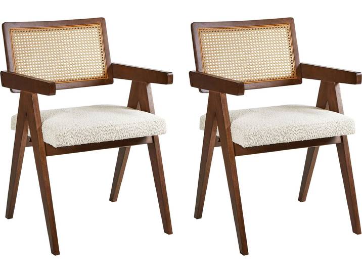 BELIANI Esszimmerstuhl 2er Set Braun u. Hellbeige Holz mit Bouclé Sitzfläche Teddyfell Optik Wiener Geflecht Rückenlehne Küchenstühle Retro Stil