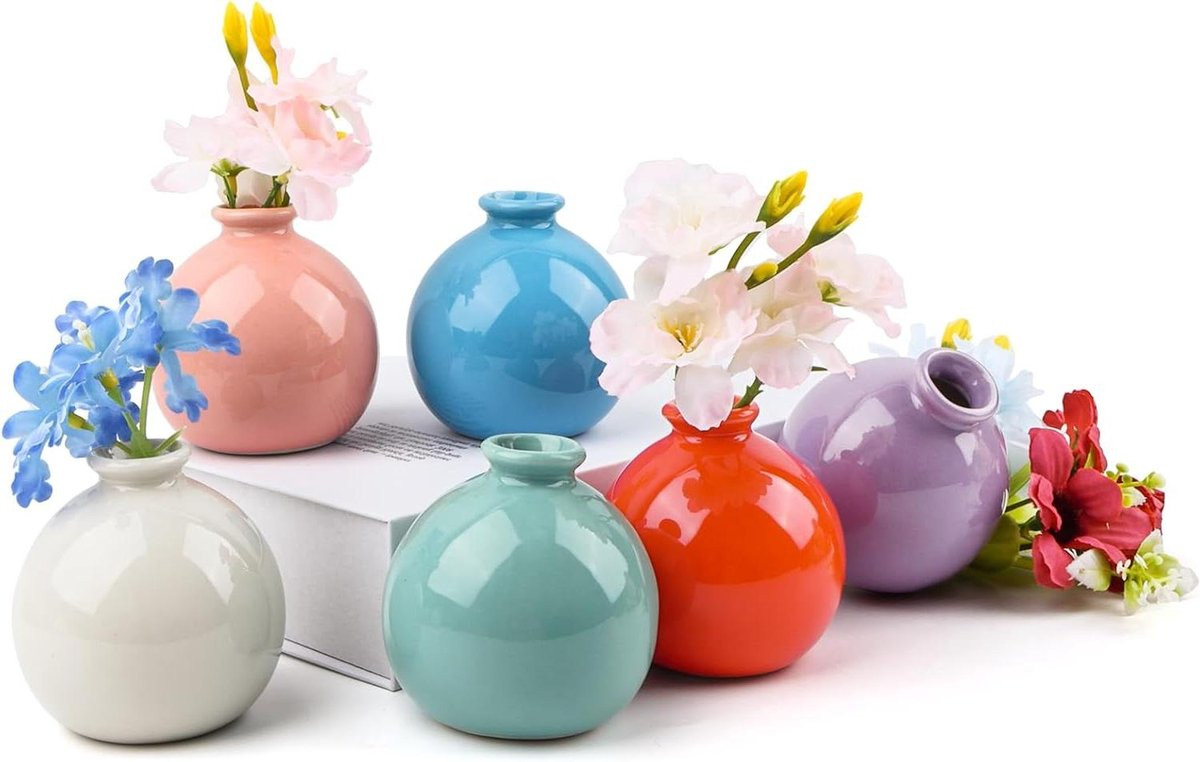 Set van 6 kleurrijke keramische vazen met flesmond, Hoogte: 15 cm