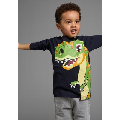 Langarmshirt KIDSWORLD "CURIOUS DINO", Jungen, Gr. 116/122, blau (marine), Jersey, Obermaterial: 100% Baumwolle, bedruckt, Basic, Rundhals, Shirts Langarmshirt, Langarm, Basic-Passform, peppiger Druck