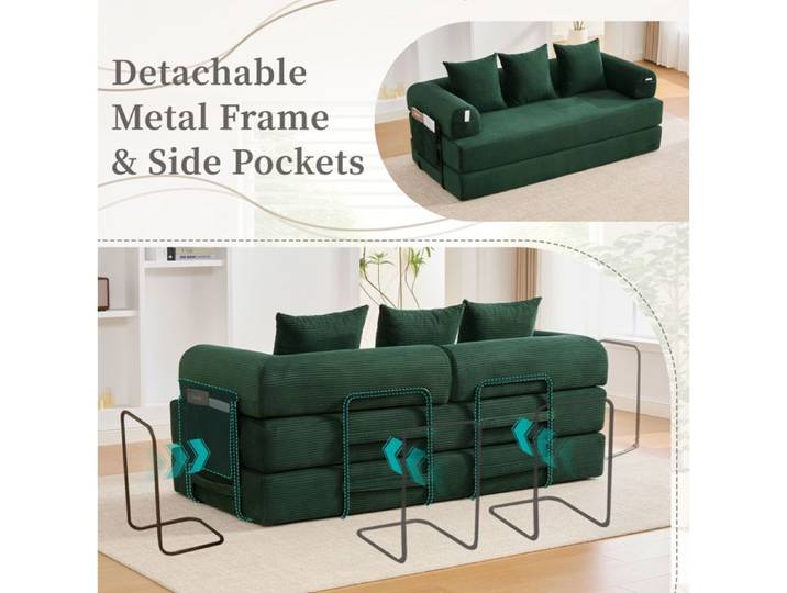 WOVREO canapé modulable convertible 3 places 200 cm velours côtelé vert émeraude avec 3 coussins