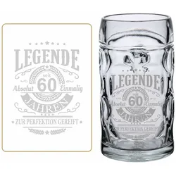 BIERKRUG MIT GRAVUR Legende seit 60 Jahren transparent 0,5 Liter