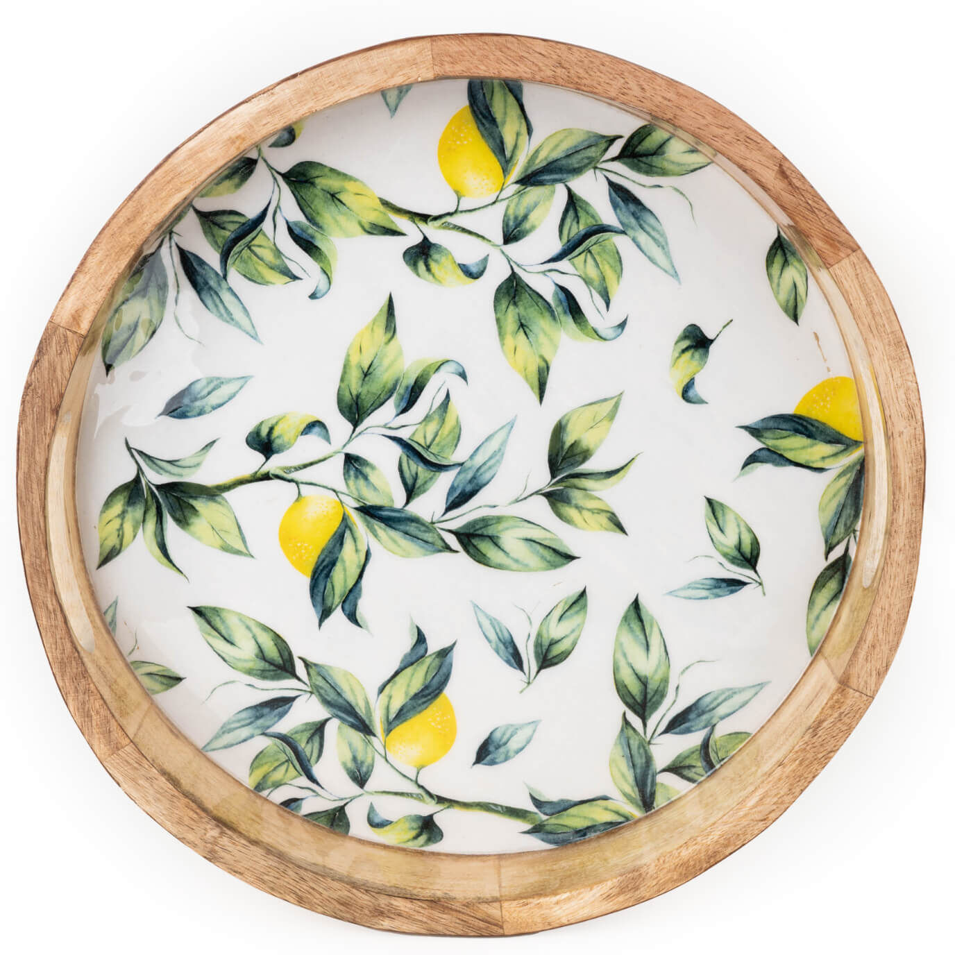 Candlelight 30cm Mango Wood Round Serving Tray - Lemons & Leaves