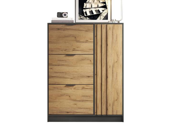 Flieks Schuhschrank 100x30x130 MDF 3 Klappfächer 1 Türfach Holz Schwarz, Naturfarben, 100x130x30 cm, Garderobe, Schuhaufbewahrung, Schuhschränke