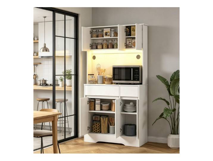 BAYMATE Küchenbuffet Hohes Küchenbuffet mit RGB‑LED‑Beleuchtung, Arbeitsfläche (6 Türen und 2 Schubladen, Küchenaufbewahrungsmöbel)