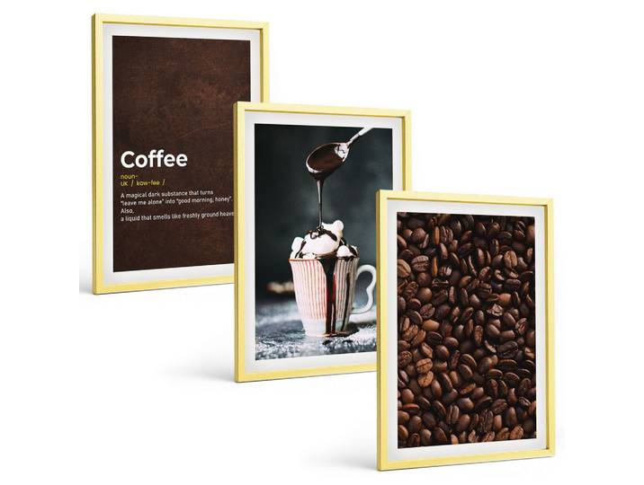 BILDER SET 3er Set - 40x60 cm Goldrahmen - Kaffeegetränk mit Schlagsahne