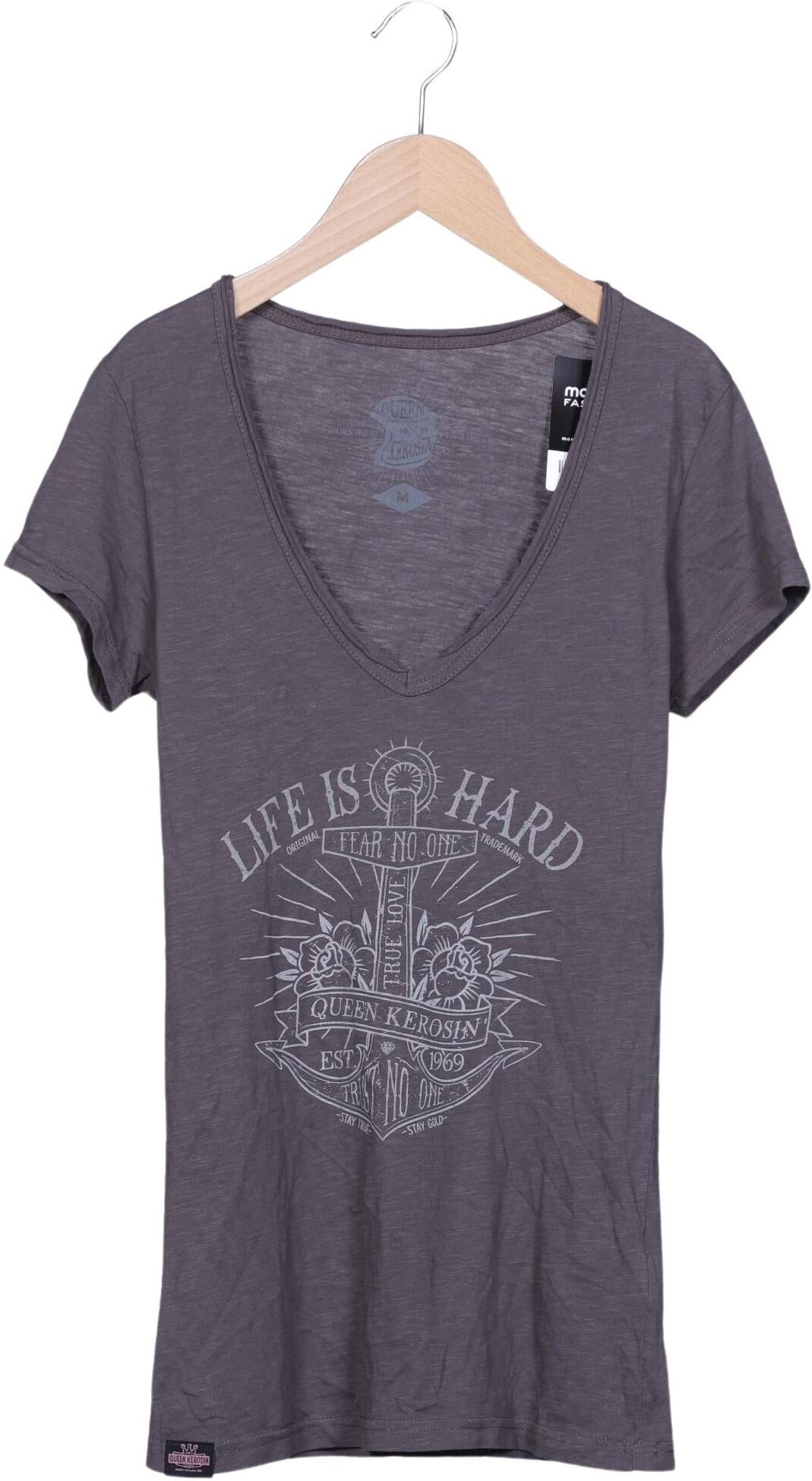 Queen Kerosin Damen T-Shirt, Grau, Gr. M, Baumwolle - Second Hand