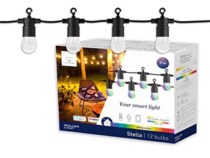 tint Smarte Outdoor Lichterkette STELLA Starter-Set – Steuerbar per Alexa oder Fernbedienung – Mit weißem (1800-6500 K) und farbigem Licht RGB – Spritzwassergeschützt (IP44) – 12 Birnen