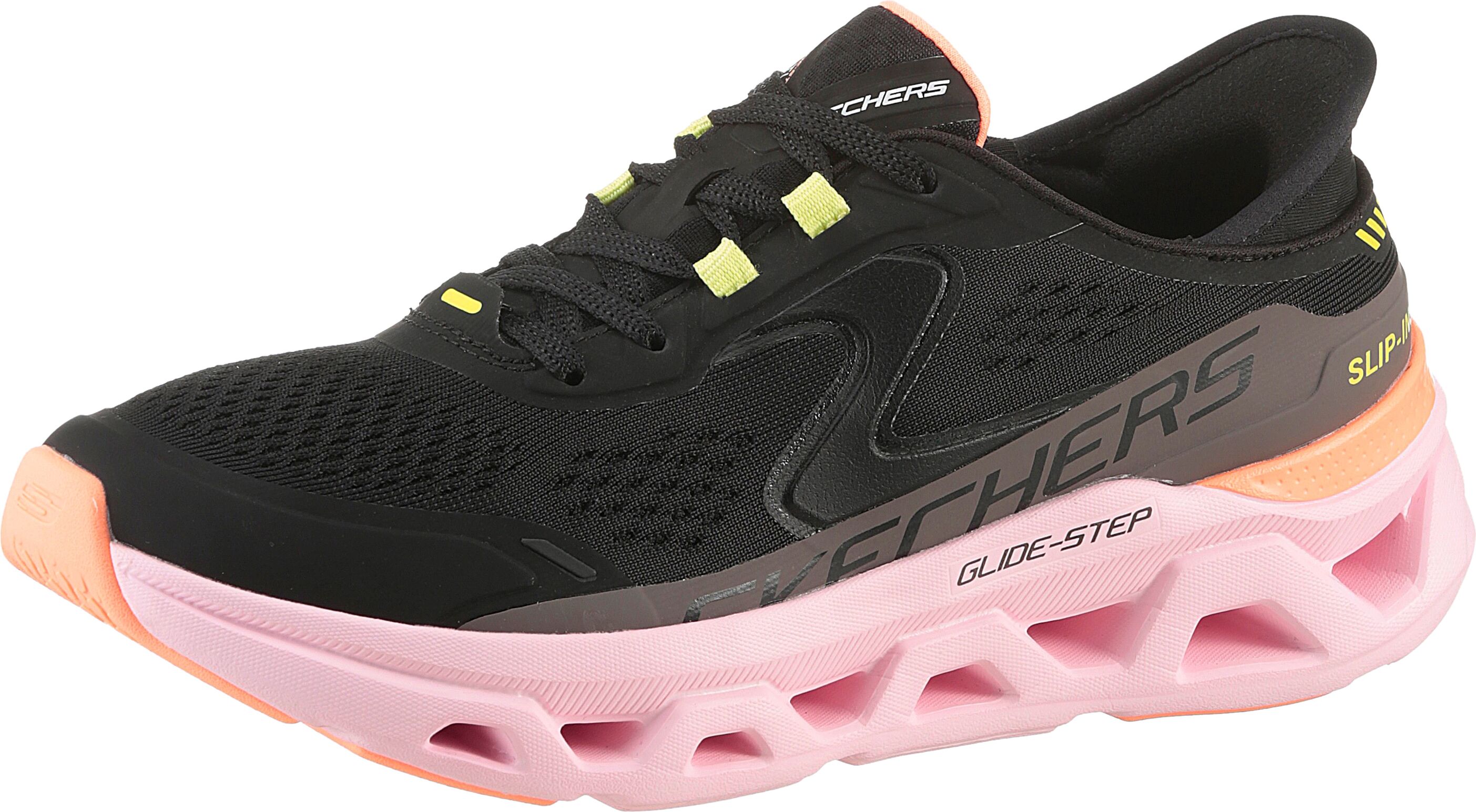 Slip-On Sneaker SKECHERS "GLIDE-STEP ALTUS", Damen, Gr. 39, schwarz (schwarz, rosa kombiniert), Synthetik, Textil, kontrastfarbene Details, Schuhe Slip-On Sneaker, Trainingsschuh, Laufschuh mit auffälliger Laufsohle