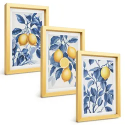 BILDER SET 3er Set - 20x30 cm Goldrahmen - Zitronenzweige mit blauen Blättern