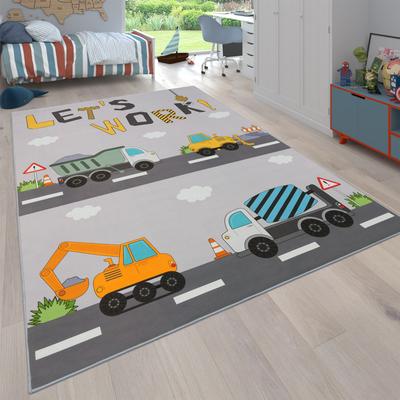 Kinderteppich PACO HOME "Bino 578", grau, B:120cm H:4mm L:160cm, Polyester, Teppiche, Kinderteppich, Spielteppich, Motiv Autos & Baustelle, Kinderzimmer
