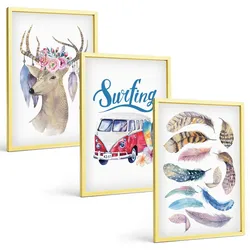 BILDER SET 3er Set - 40x60 cm Goldrahmen - Blumenwagen mit Geweih
