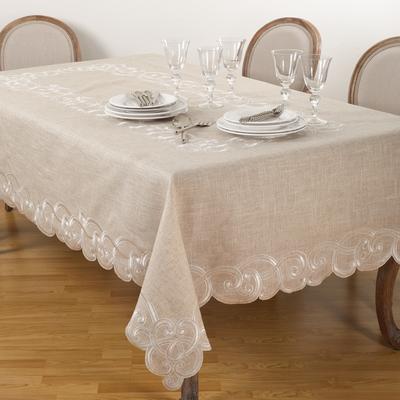 Saro Lifestyle Embroidered Scallop Design Natural Linen Blend Tablecloth