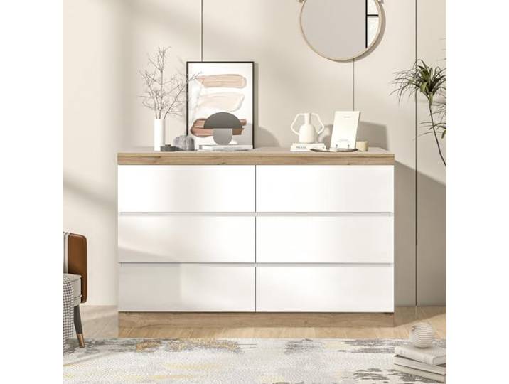 Terahanda Kommode mit 6 Schubladen, Schließfach,Funktion von Aufbewahrung, für Schlafzimmer und Wohnzimmer, E1-Spanplatte, weiß+Oak