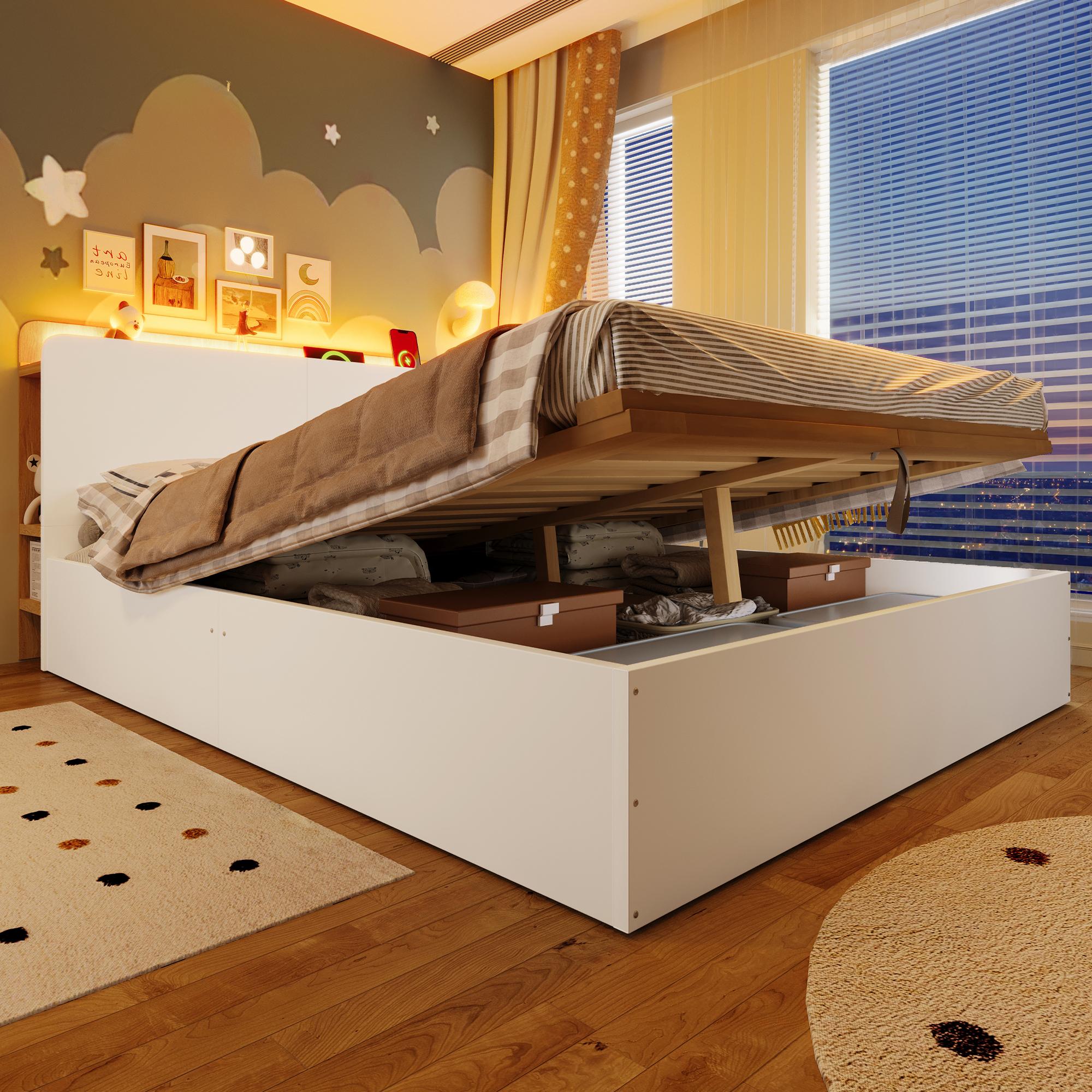 MODFU Paneelbett 140x200 Jugendbett mit USB Typ-C Ladefunktion,Doppelbett mit LED Beleuchtung,Bettgestell mit Multifunktionale Aufbewahrung,ohne Matratze,Weiß