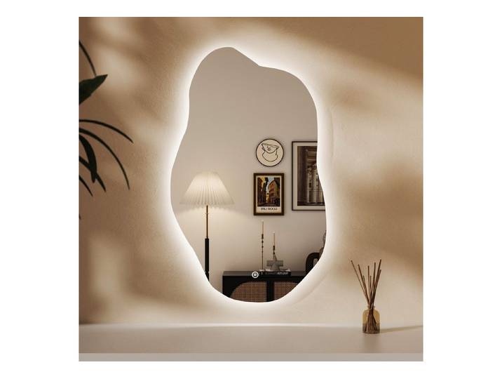 WDWRITTI Schminkspiegel mit beleuchtung wandmontage Spiegel mit beleuchtung für schminktisch (LED Spiegel Wandspiegel Asymmetrisch, Wolke, 52x85cm, 62x90cm), 3Lichtfarben, Dimmbar, Speicherfunktion