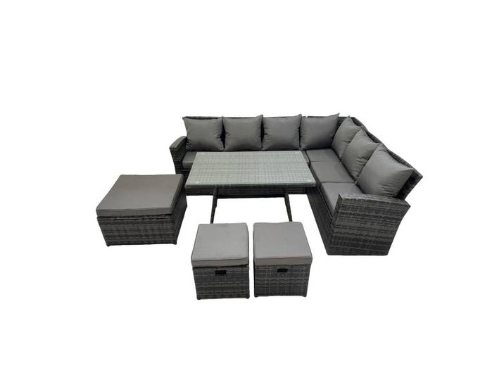 Fimous Garten-Ecksofagarnitur Polyrattan Dunkelgrau 9-Sitzer, Metall, Kunststoff, Glas, Füllung: Schaumstoff,Schaumstoff, rechteckig, Gartenmöbel, Gartengarnituren, Gartenmöbel-Sets