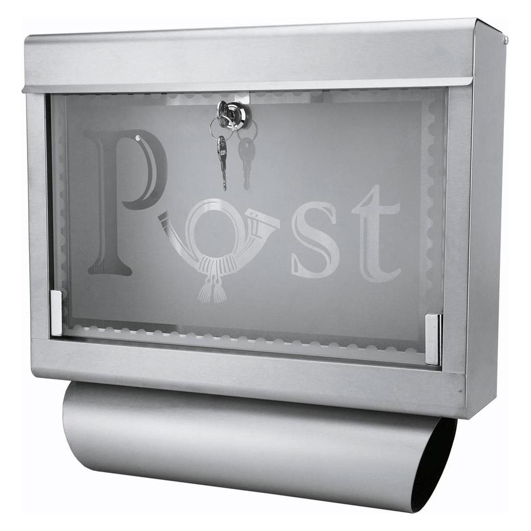 Grafner Briefkasten mit Zeitungsrolle aus Edelstahl und Glas Motiv Post (11 x 40 x 39 cm) (25136907)
