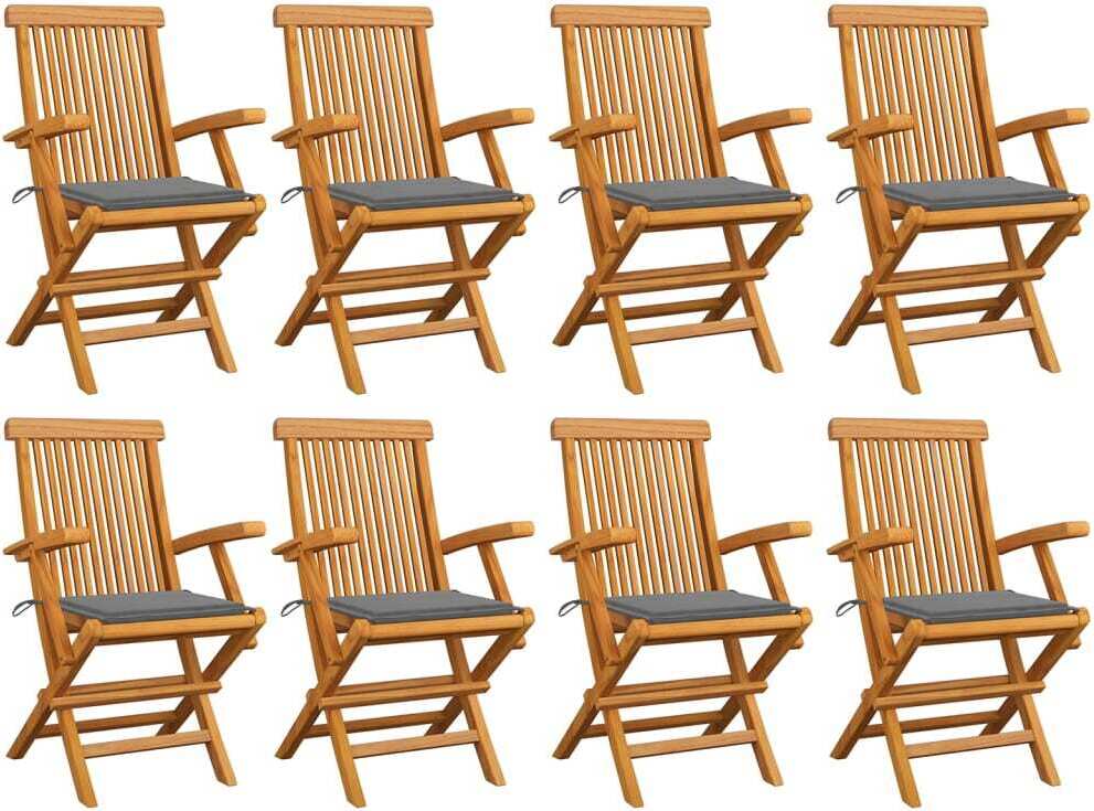 Klappstühle mit grauen Kissen, 8-teilig, Massivholz Teakholz