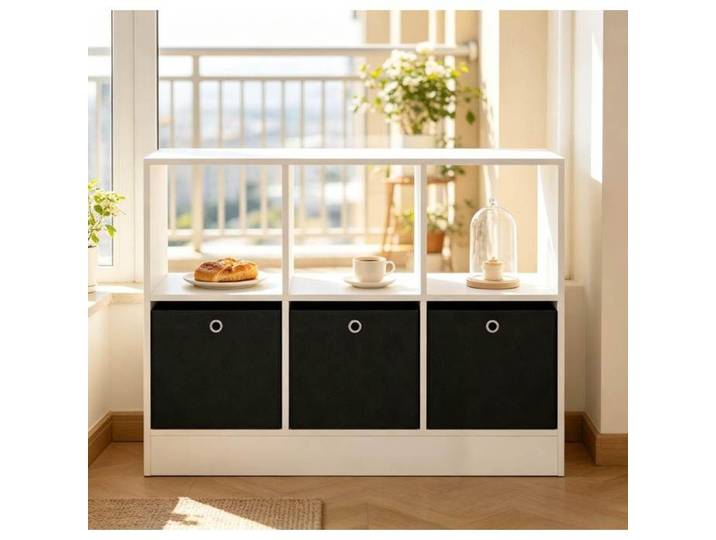 Étagère cubby blanche et noire 80 x 30 x 61 cm autoportante 3 tiroirs en tissu rangement ouvert