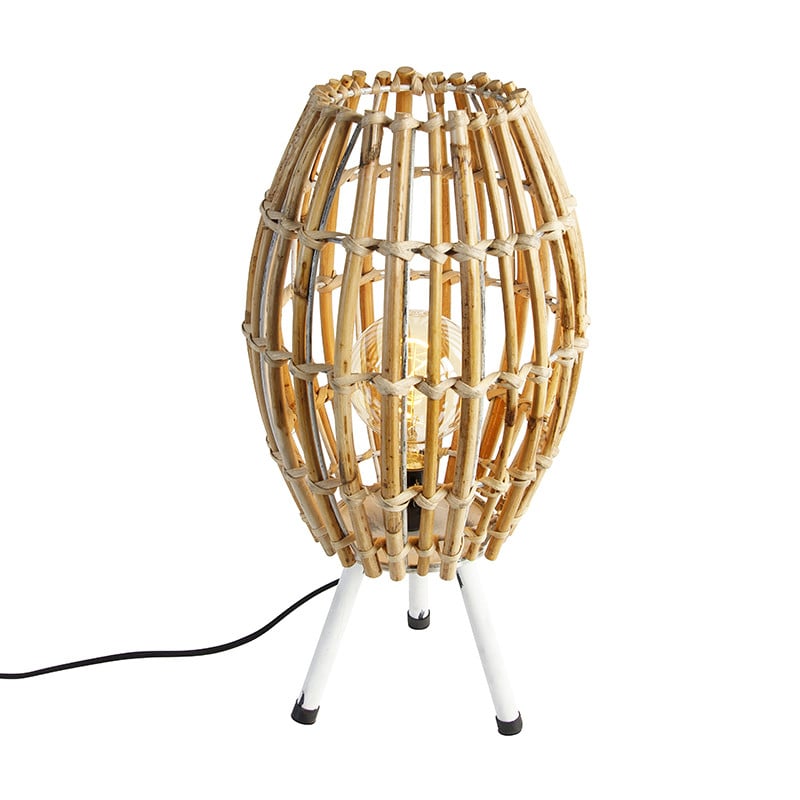 Qazqa Landelijke tafellamp tripod bamboe en metaal - Wit - Hoogte: 45 cm