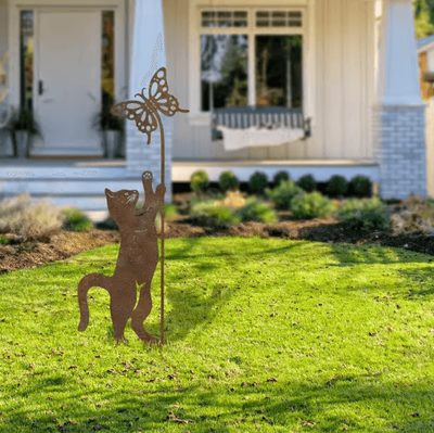 Uplift Curations Rustic Metal Cat Garden Stake With Butterfly Whimsical Outdoor Yard Art Rustic Metal Cat Garden Stake With Butterfly Whimsical Outdoor Yard Art