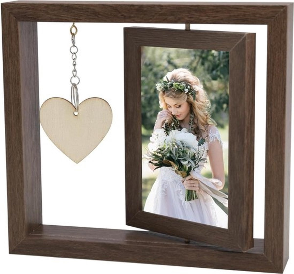 Dubbelzijdige houten fotolijst 10x15 cm met hartenhanger - Draaibaar