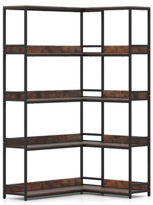 Costway Corner Bookshelf 5-Tier L-Shaped Bookcase Etagere Bookshelf with Metal Frame-Rustic Brown