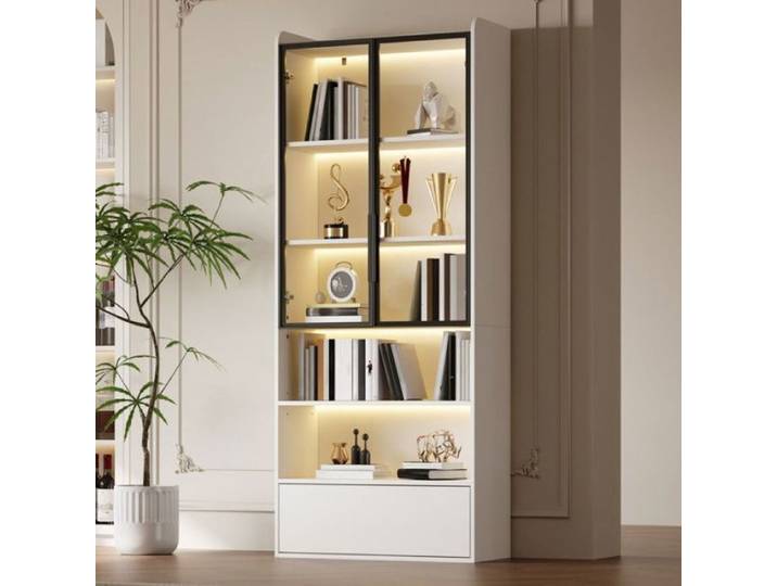 Armoire Bibliothèque Vitrine LED avec Contrôle App -Meuble de Rangement avec Étagères Portes en Verre et Tiroir-80x34x180 VITRINE
