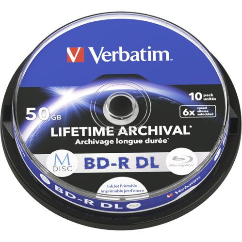 1x10 Verbatim M-Disc BD-R BluRay 50GB 6x Speed Cakebox printable