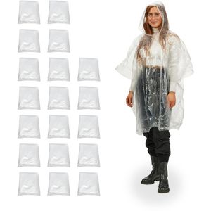 Relaxdays Regenponcho Länge 98 cm, Einweg, 20 Stück, mit Kapuze, transparent, wasserabweisend