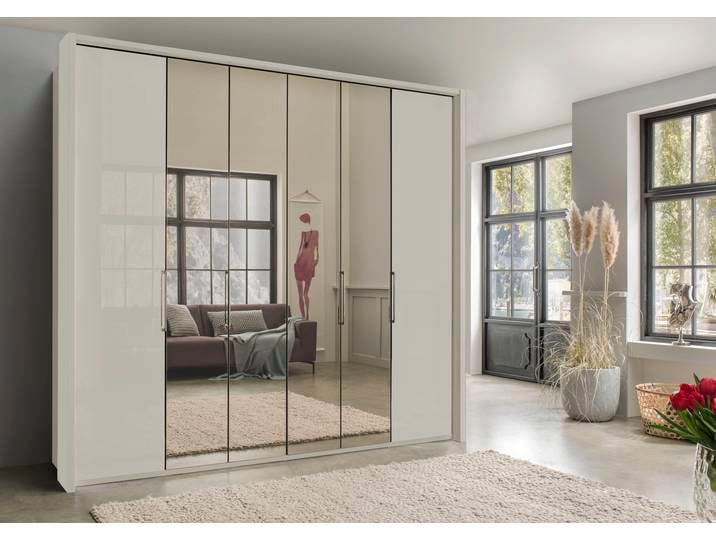 Kleiderschrank, Holzwerkstoff, Beige, 250×58 cm, Mit Spiegel & Falttüren, Wiemann Kansas