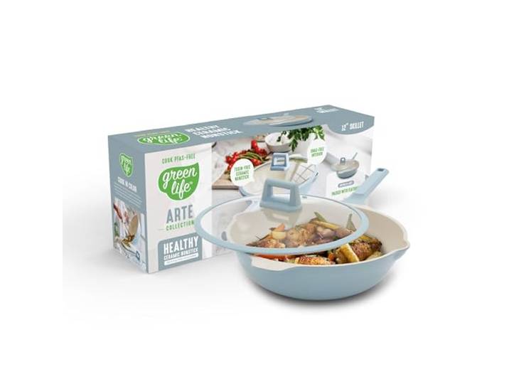 GreenLife Antihaftbeschichtete 30,5 cm (5QT) All-in-One Wok mit Deckel, PFAS-freie, ungiftige Keramik-Mehrzweckpfanne, Induktion, alle Herdplatten, Ei, Braten, Sautieren, kühl bleiben, blauer Dunst