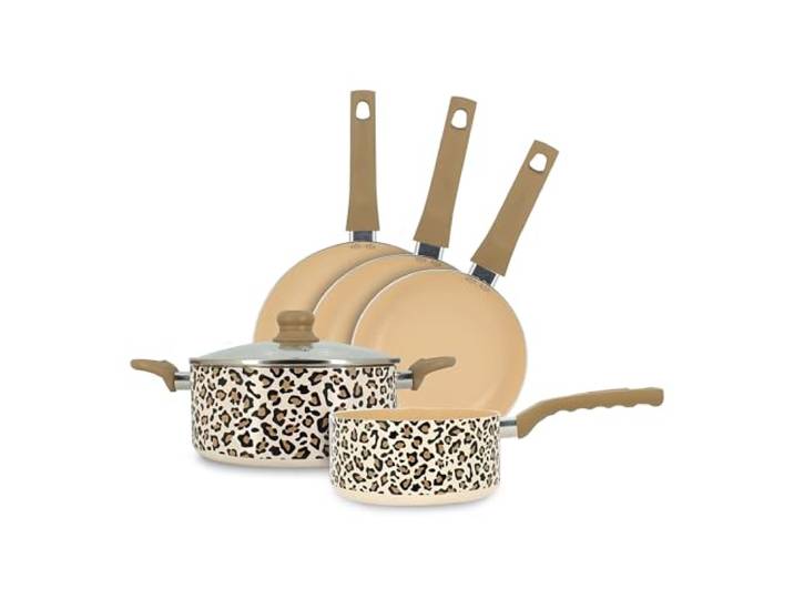 MENASTYL - Batterie de cuisine 5 pièces Léopard 24cm tous feux dont induction - Revêtement antiadhésif - Aluminium recyclé - Poignée effet bois ergonomique - Motif Léopard - 6014233