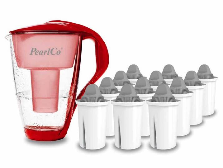 perlopur Wasserfilter Glas Wasserfilter Rot Inkl. 12 Protect Plus Filterkartuschen
