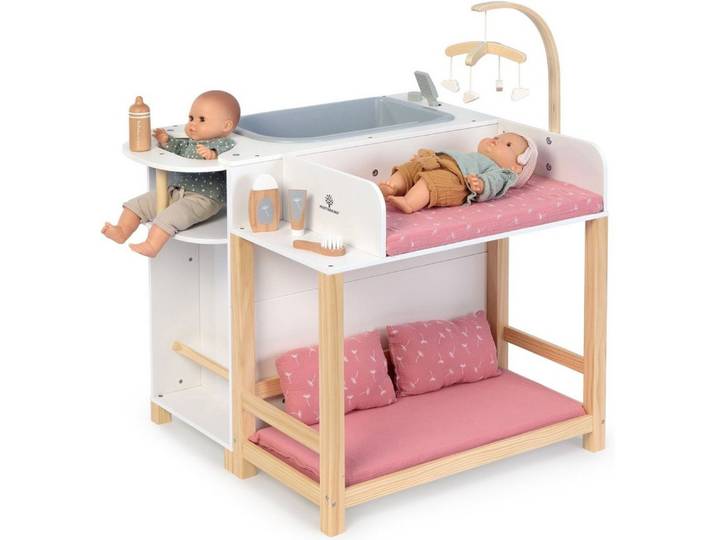 MUSTERKIND® Puppen Pflegecenter Viola, weiß/natur/rosa, aus Holz und Musselin-Stoff