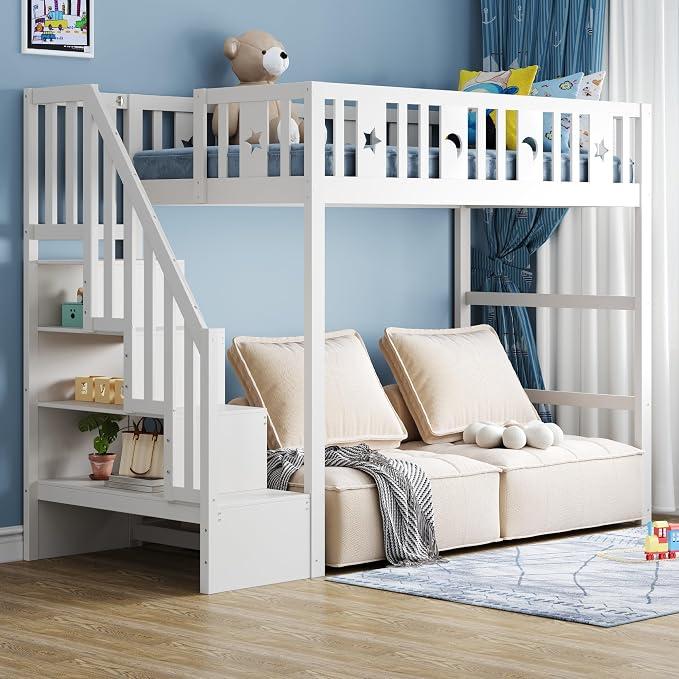 Etagenbett 90x200cm, Kinderbett aus Massivholz, mit Sicherheitsgeländer, Stern- und Monddekoration, Hochbett mit Treppe, Einzelbett,Weiß