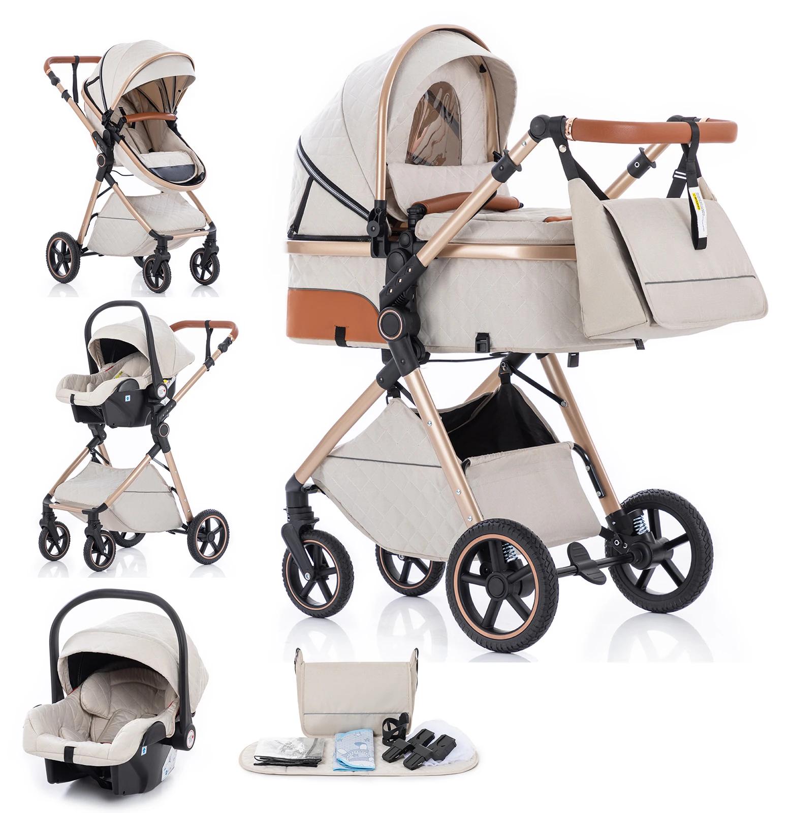 Luxus Kinderwagen 3 in 1 - Kombikinderwagen und Buggy - Hohe Sitzposition - Klappbarer Reisebuggy - Verstellbarer Griff - Für geborene bis 2 Jahre - Weiß kariert
