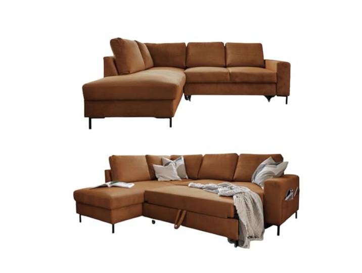 MIUFORM Lofty Lilly, 6er Ecksofa mit Schlaffunktion, Links, Ziegelrot Kord Sofa mit Schlaffunktion, Schlafsofa mit Bettkasten, Ecksofa L-Form, 237x197x84cm, Couch mit Schlaffunktion, Sofa Bed
