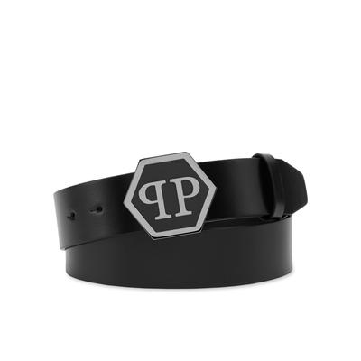 Ledergürtel PHILIPP PLEIN "Hexagon", Herren, Gr. 85, 0291, schwarz, nickel, Gürtel Ledergürtel