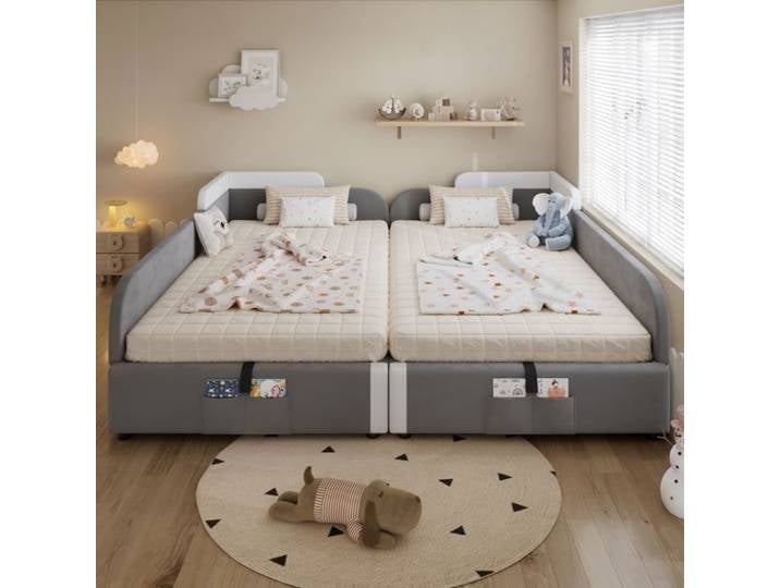 Lit Rangement Enfant - SOGEU - Lit combiné rembourré - Velours gris - 2x90x200 cm - Coffre hydraulique